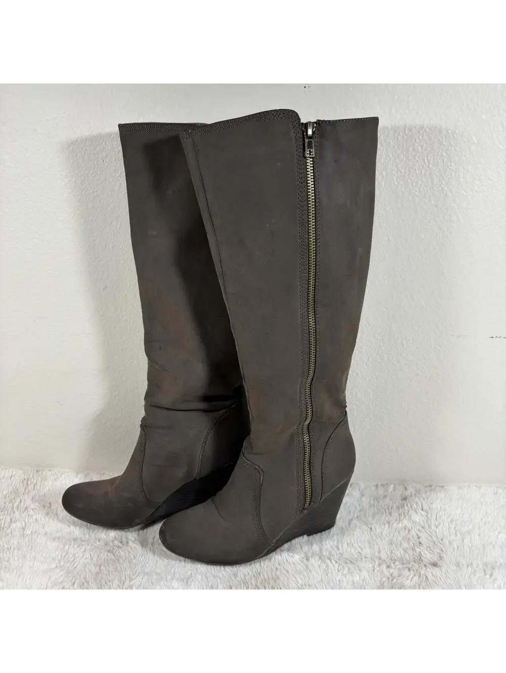 Fergalicious by Fergie Brown Wedge Knee High Boots Womens 7.5M Side Zip